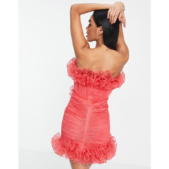 ASOS Design Red Bodycon Ruffle Mesh Bandeau Neck Strapless Mini Dress 4 - Picture 2 of 13